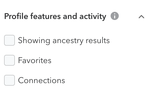 The Profile Features and Activity checkboxes in DNA Relatives