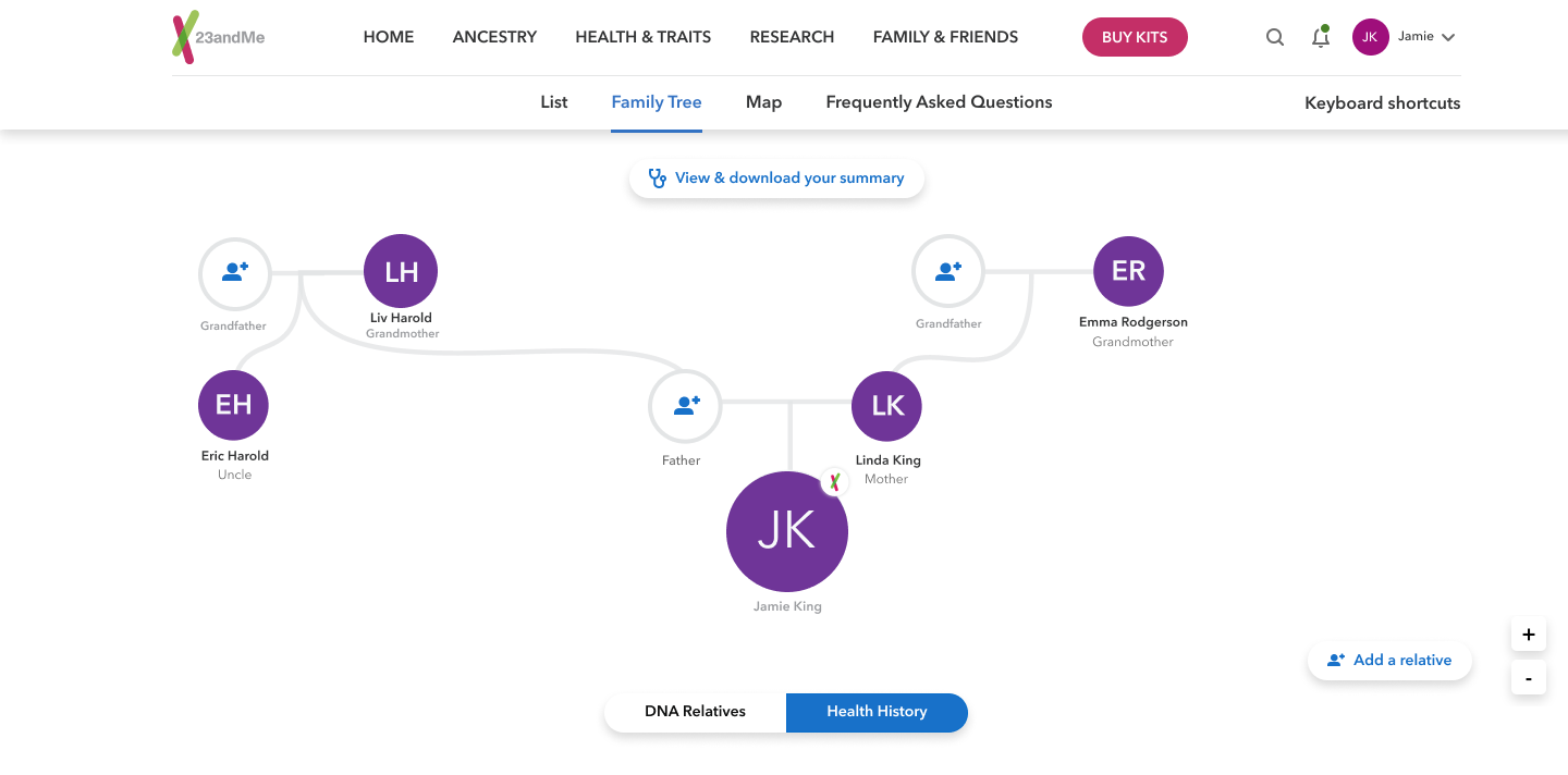 A sample of the Family Health History Tree feature
