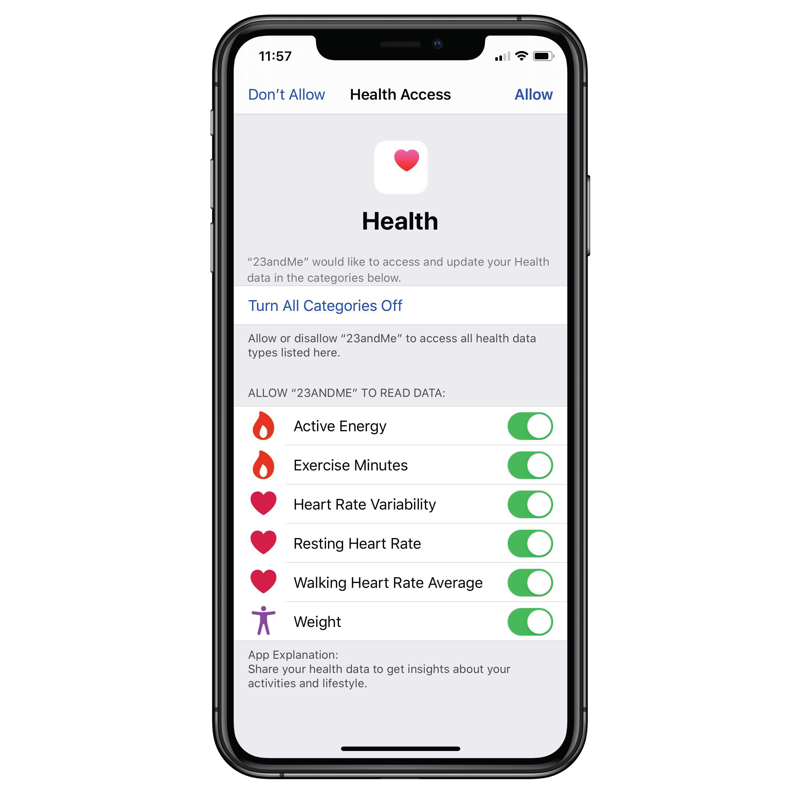 Page in mobile app for adjusting health access settings