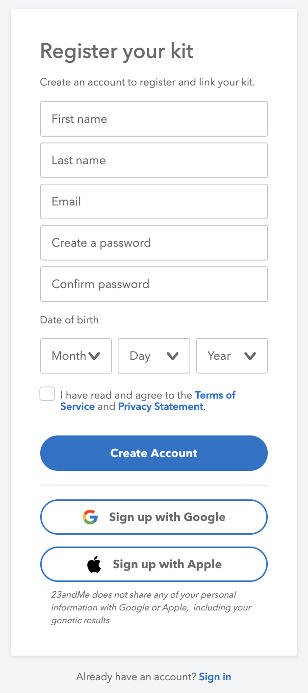 A screenshot of the registration page