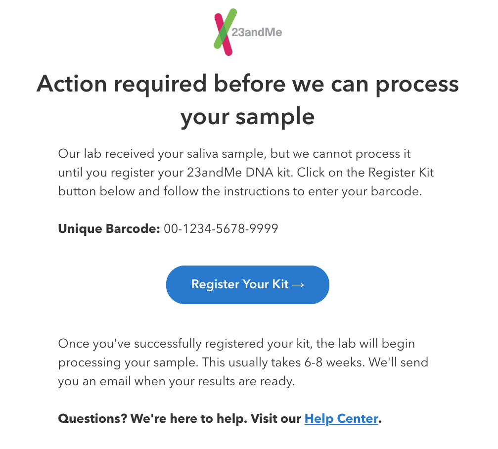 The email sent to customers who need to register their sample kit