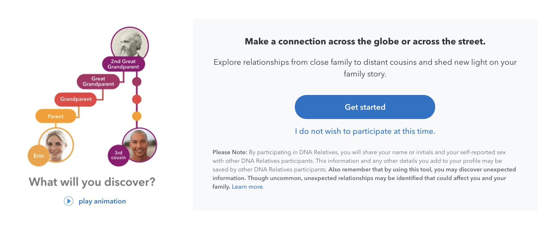 The screen where customers may choose to connect with DNA Relatives