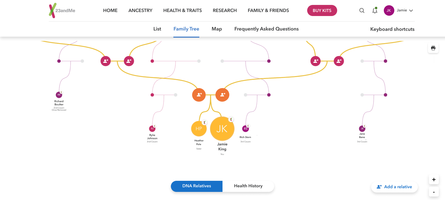 A sample of the DNA Relatives Tree feature